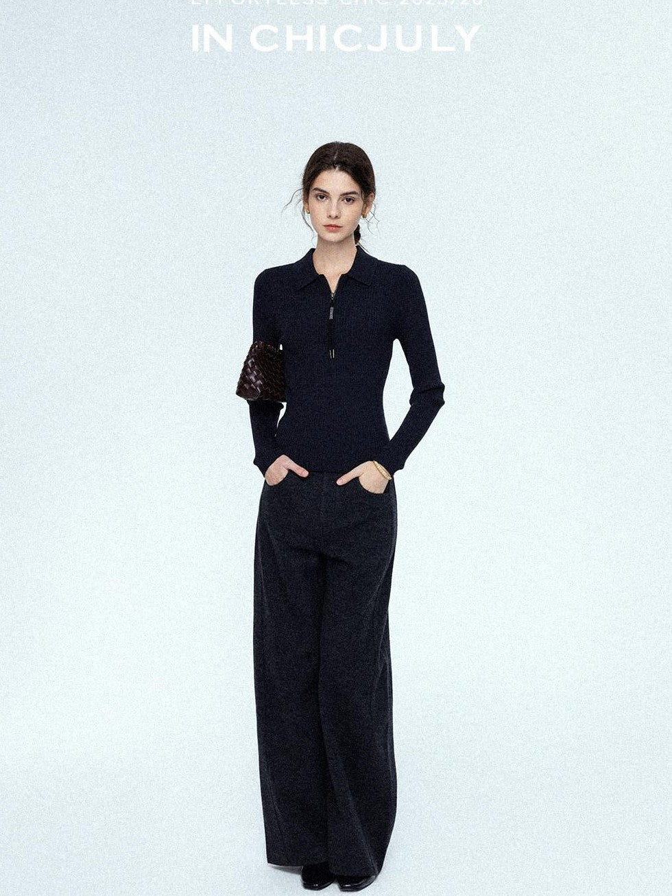chicjuly Relaxed Minimalist Curved Slimming Women's Wool High Waist Wide-leg Pants