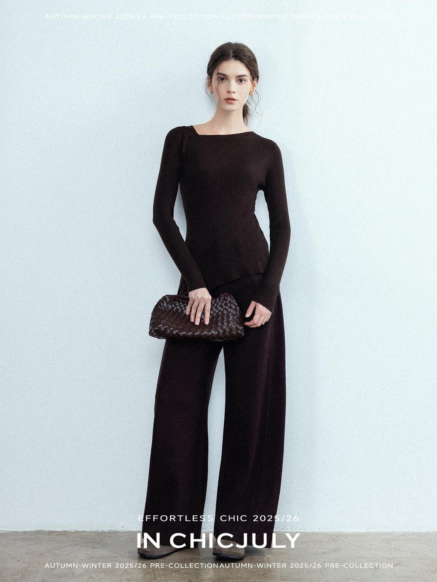 chicjuly Relaxed Minimalist Curved Slimming Women's Wool High Waist Wide-leg Pants