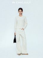 chicjuly Relaxed Minimalist Curved Slimming Women's Wool High Waist Wide-leg Pants