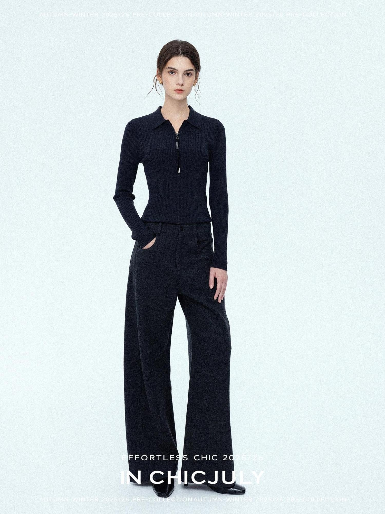 chicjuly Relaxed Minimalist Curved Slimming Women's Wool High Waist Wide-leg Pants