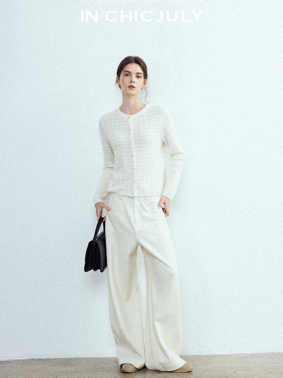 chicjuly Relaxed Minimalist Curved Slimming Women's Wool High Waist Wide-leg Pants