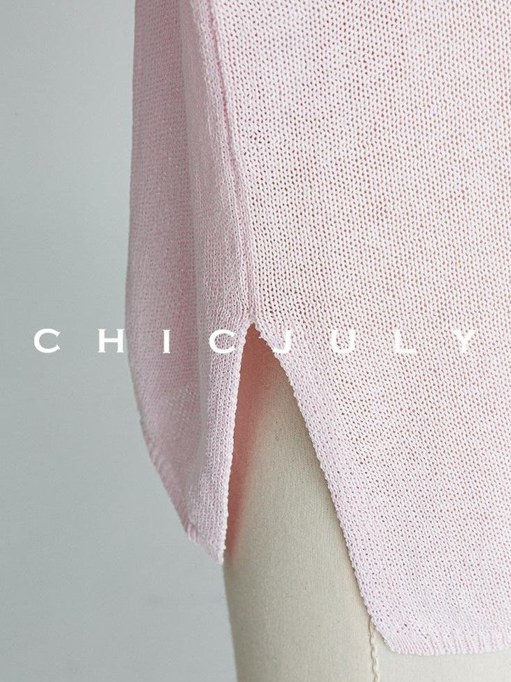 chicjuly Reverse Knit Rolled Hem Side Slit Women's Cotton Long Sleeve T-shirts