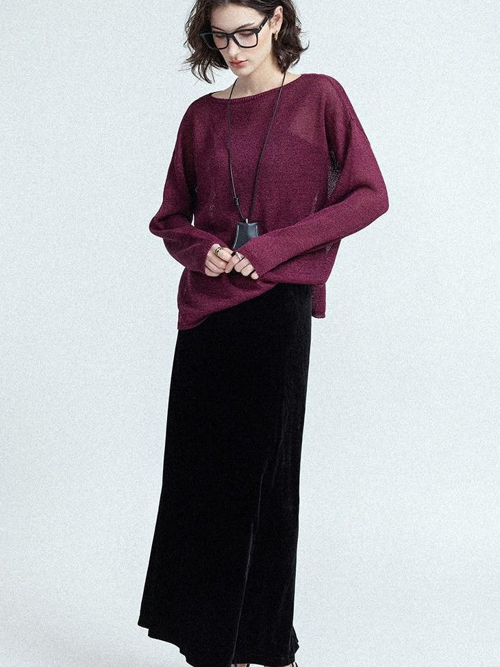 chicjuly Reverse Knit Rolled Hem Side Slit Women's Cotton Long Sleeve T-shirts