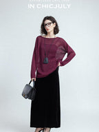 chicjuly Reverse Knit Rolled Hem Side Slit Women's Cotton Long Sleeve T-shirts