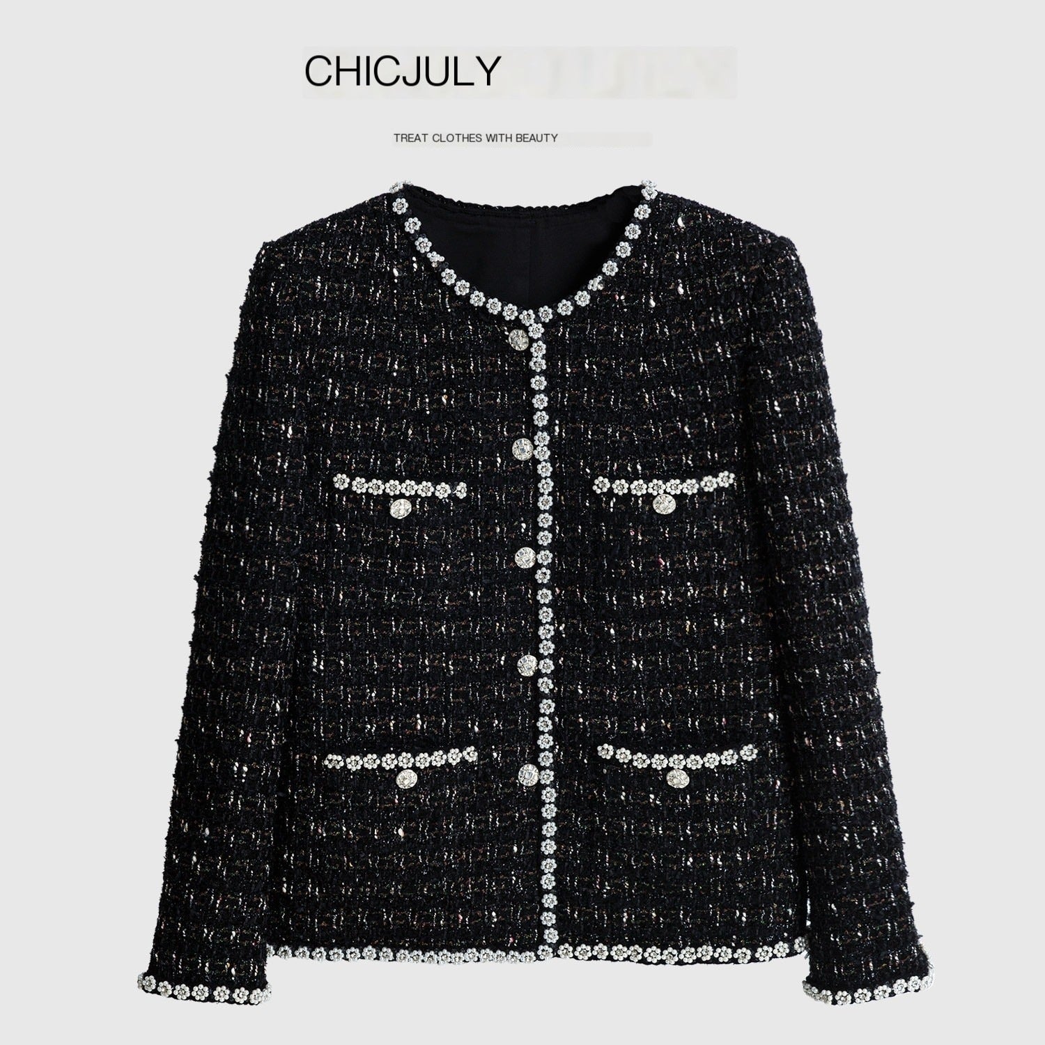chicjuly Roman Rock Black Gold Crystal Beaded Handcrafted Women's Tweed Jackets 840933891747