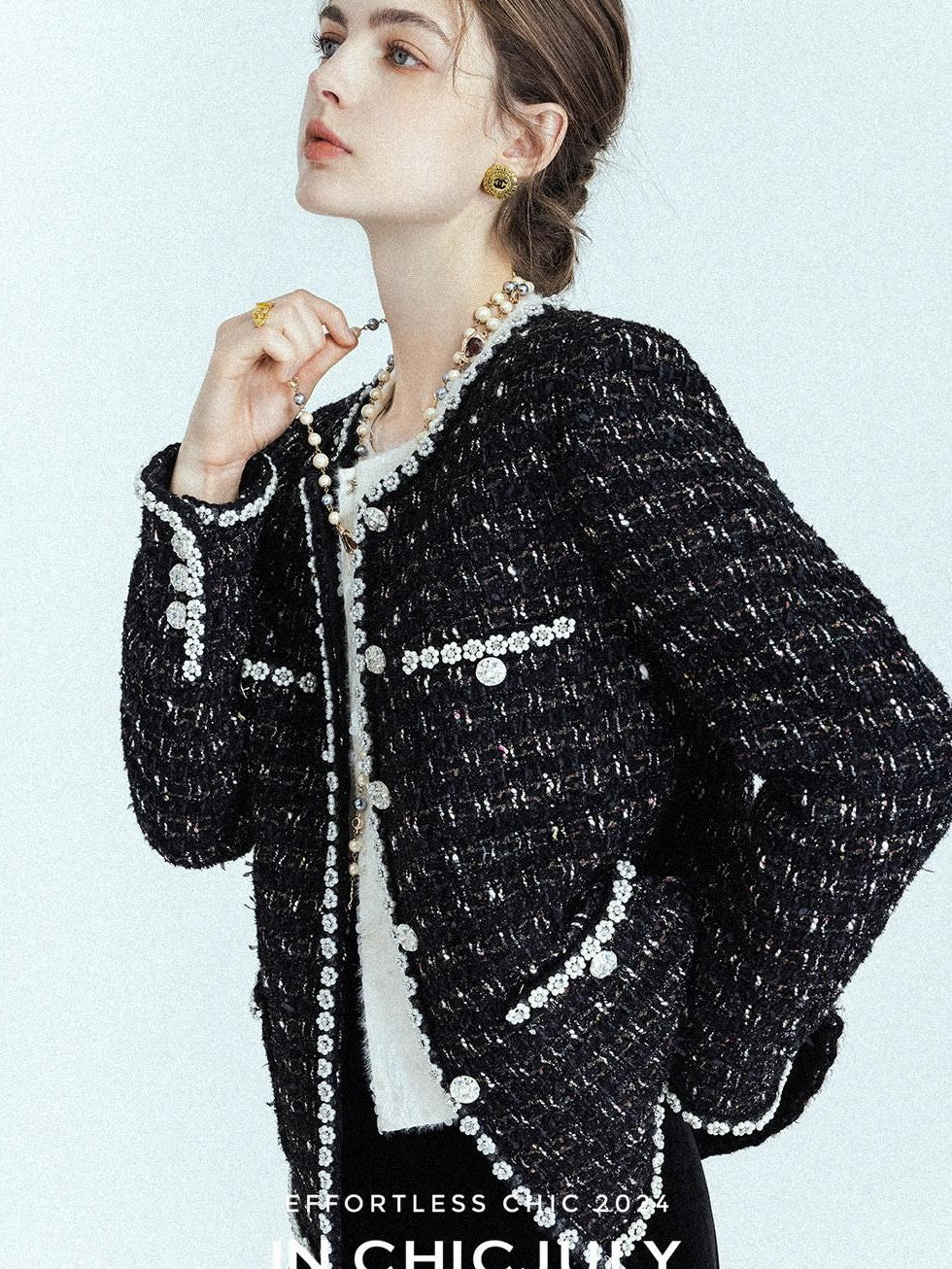 chicjuly Roman Rock Black Gold Crystal Beaded Handcrafted Women's Tweed Jackets