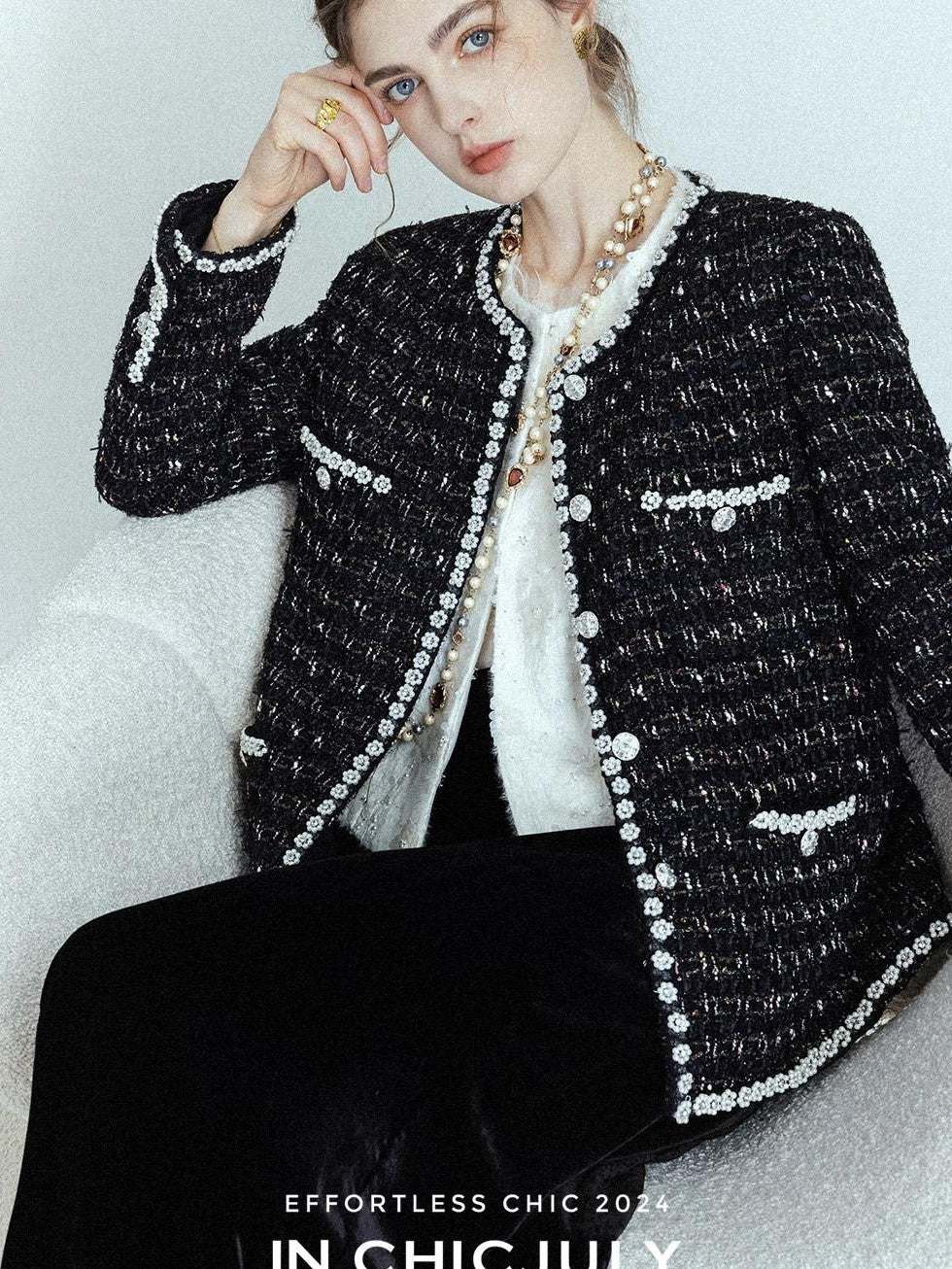 chicjuly Roman Rock Black Gold Crystal Beaded Handcrafted Women's Tweed Jackets