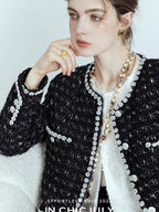 chicjuly Roman Rock Black Gold Crystal Beaded Handcrafted Women's Tweed Jackets