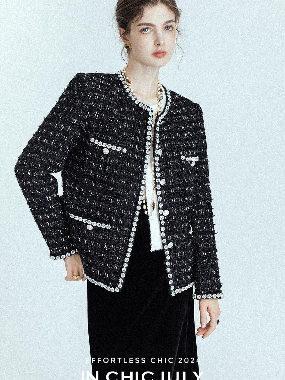 chicjuly Roman Rock Black Gold Crystal Beaded Handcrafted Women's Tweed Jackets