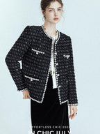 chicjuly Roman Rock Black Gold Crystal Beaded Handcrafted Women's Tweed Jackets