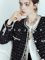 chicjuly Roman Rock Black Gold Crystal Beaded Handcrafted Women's Tweed Jackets