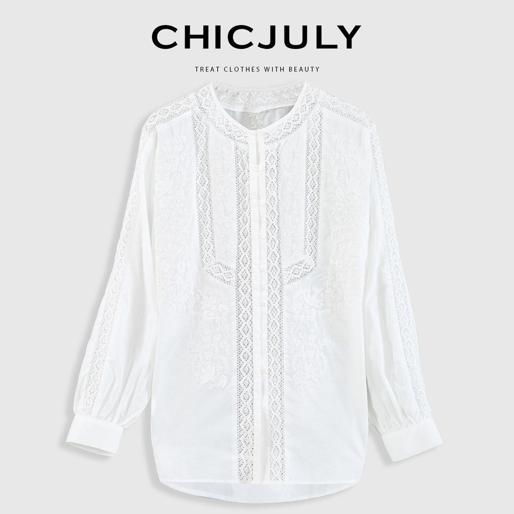 chicjuly Romantic 3d Embroidered Sunproof Long Sleeve Loose Women's Cotton Silk Shirts 917699121254