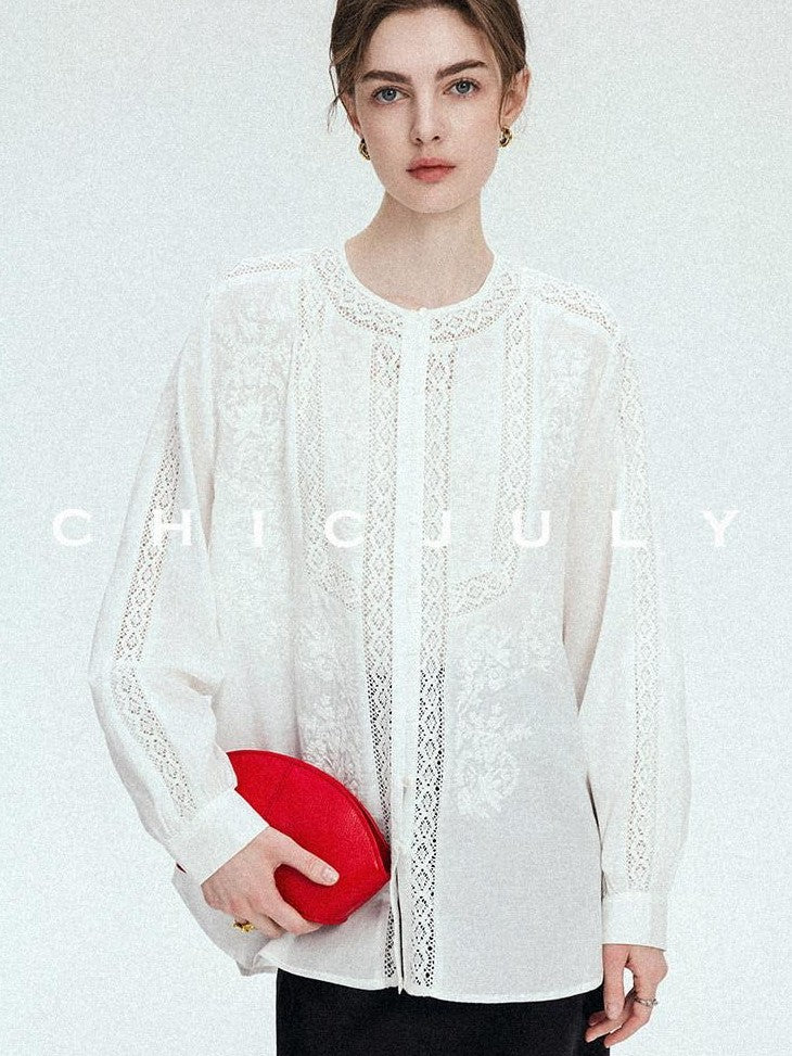 chicjuly Romantic 3d Embroidered Sunproof Long Sleeve Loose Women's Cotton Silk Shirts