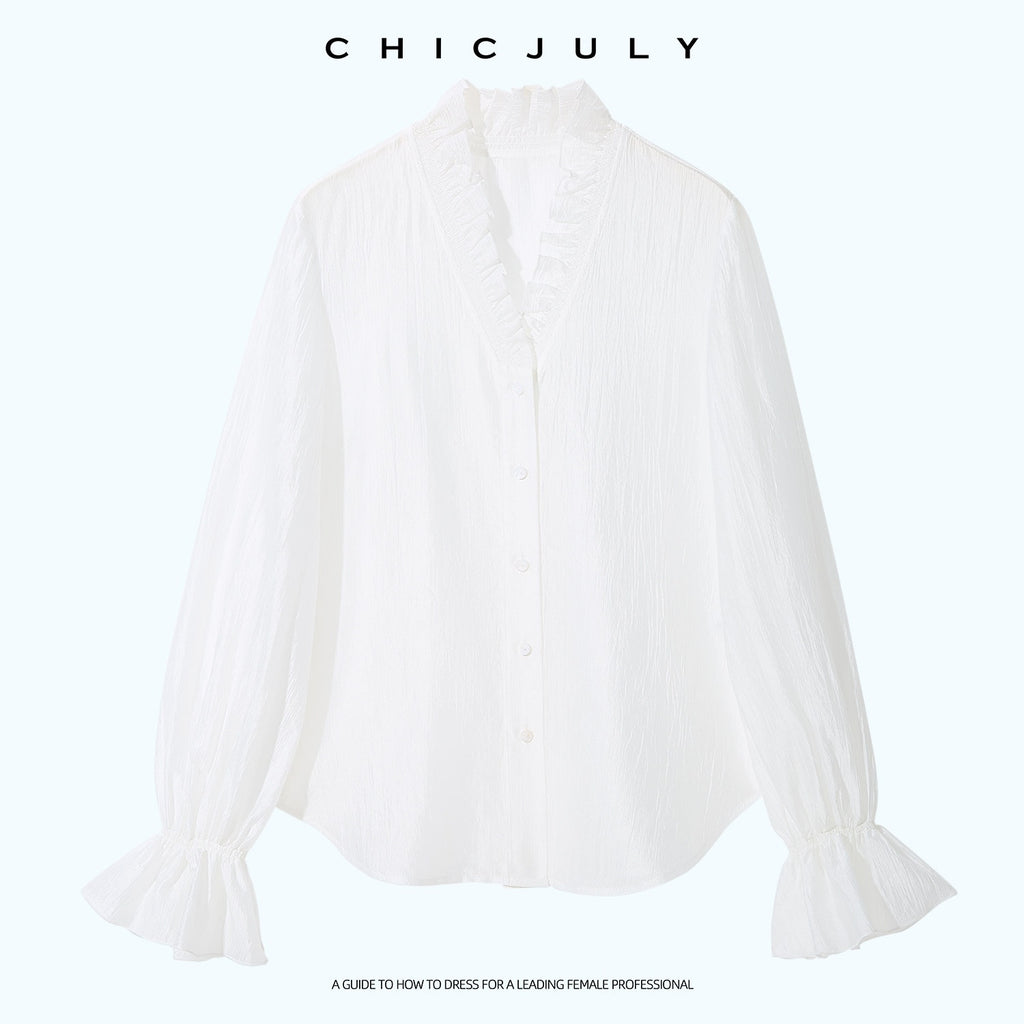 chicjuly Romantic Ruffle Trim French Sleeve Women's Breathable Solid Ivory Blouses 999459716716