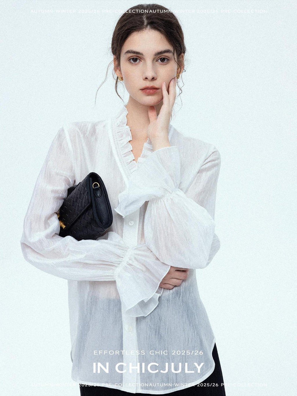 chicjuly Romantic Ruffle Trim French Sleeve Women's Breathable Solid Ivory Blouses