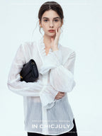 chicjuly Romantic Ruffle Trim French Sleeve Women's Breathable Solid Ivory Blouses