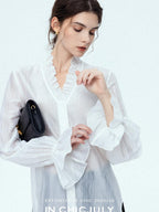 chicjuly Romantic Ruffle Trim French Sleeve Women's Breathable Solid Ivory Blouses