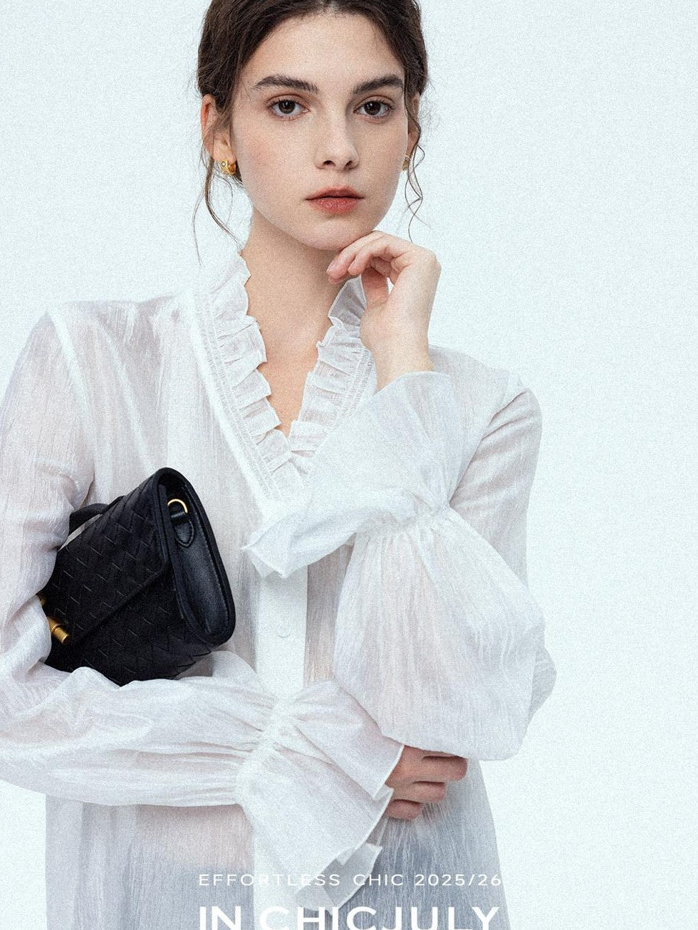 chicjuly Romantic Ruffle Trim French Sleeve Women's Breathable Solid Ivory Blouses
