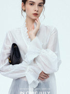 chicjuly Romantic Ruffle Trim French Sleeve Women's Breathable Solid Ivory Blouses