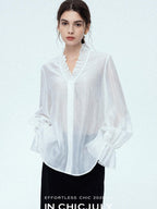 chicjuly Romantic Ruffle Trim French Sleeve Women's Breathable Solid Ivory Blouses