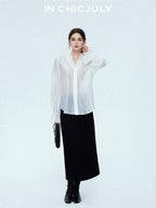 chicjuly Romantic Ruffle Trim French Sleeve Women's Breathable Solid Ivory Blouses