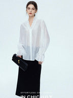 chicjuly Romantic Ruffle Trim French Sleeve Women's Breathable Solid Ivory Blouses