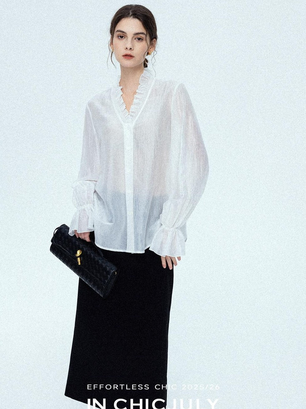 chicjuly Romantic Ruffle Trim French Sleeve Women's Breathable Solid Ivory Blouses