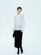 chicjuly Romantic Ruffle Trim French Sleeve Women's Breathable Solid Ivory Blouses