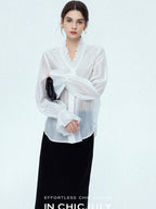 chicjuly Romantic Ruffle Trim French Sleeve Women's Breathable Solid Ivory Blouses