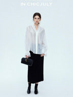 chicjuly Romantic Ruffle Trim French Sleeve Women's Breathable Solid Ivory Blouses