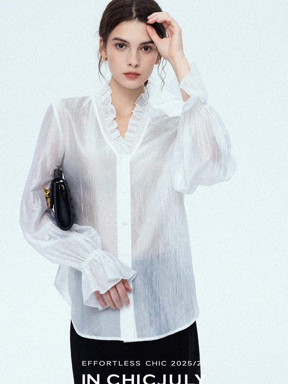 chicjuly Romantic Ruffle Trim French Sleeve Women's Breathable Solid Ivory Blouses