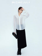 chicjuly Romantic Ruffle Trim French Sleeve Women's Breathable Solid Ivory Blouses