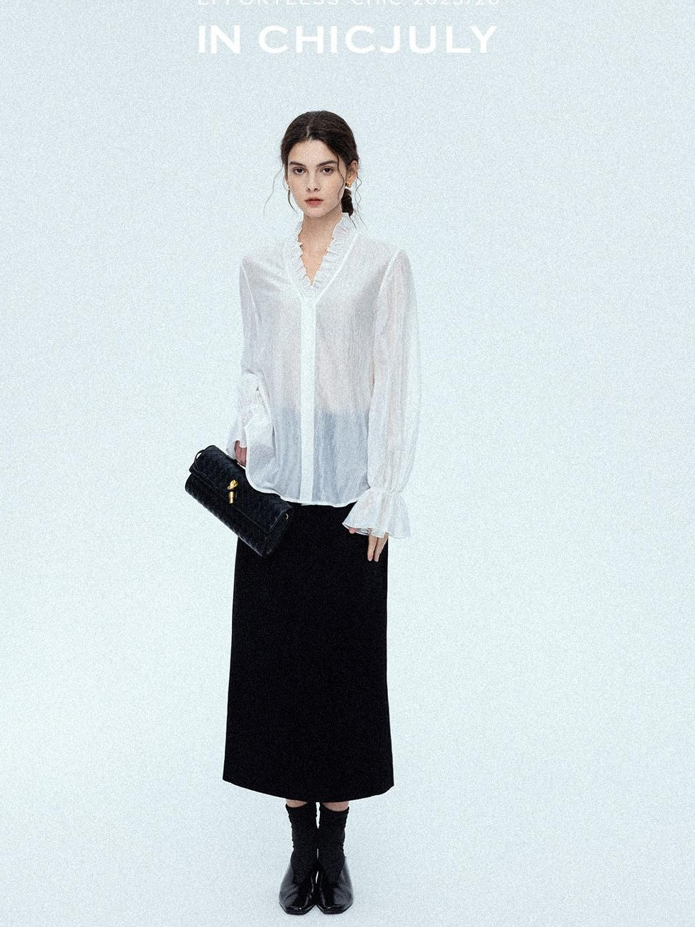 chicjuly Romantic Ruffle Trim French Sleeve Women's Breathable Solid Ivory Blouses