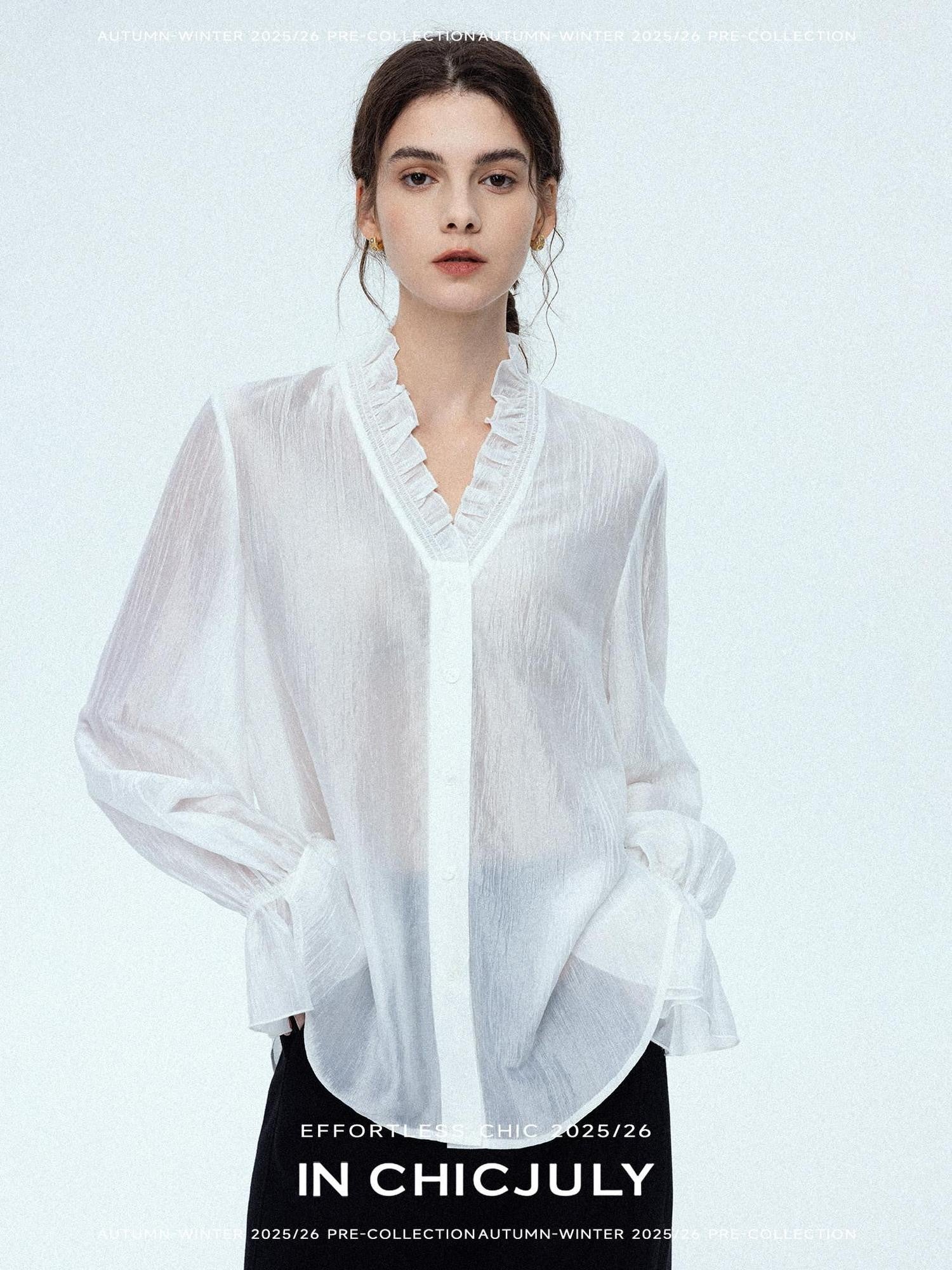 chicjuly Romantic Ruffle Trim French Sleeve Women's Breathable Solid Ivory Blouses