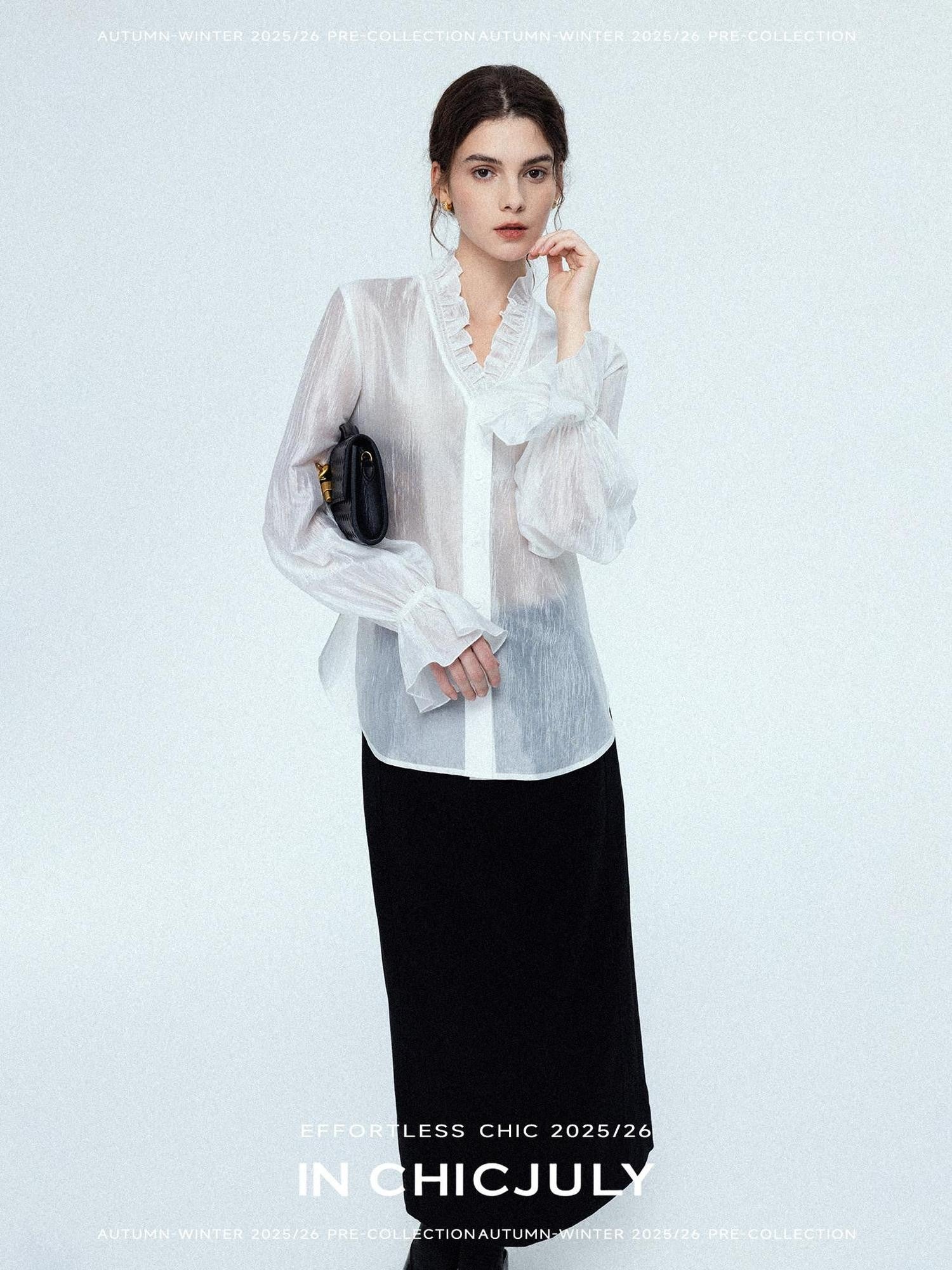 chicjuly Romantic Ruffle Trim French Sleeve Women's Breathable Solid Ivory Blouses