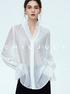 chicjuly Romantic Ruffle Trim French Sleeve Women's Breathable Solid Ivory Blouses