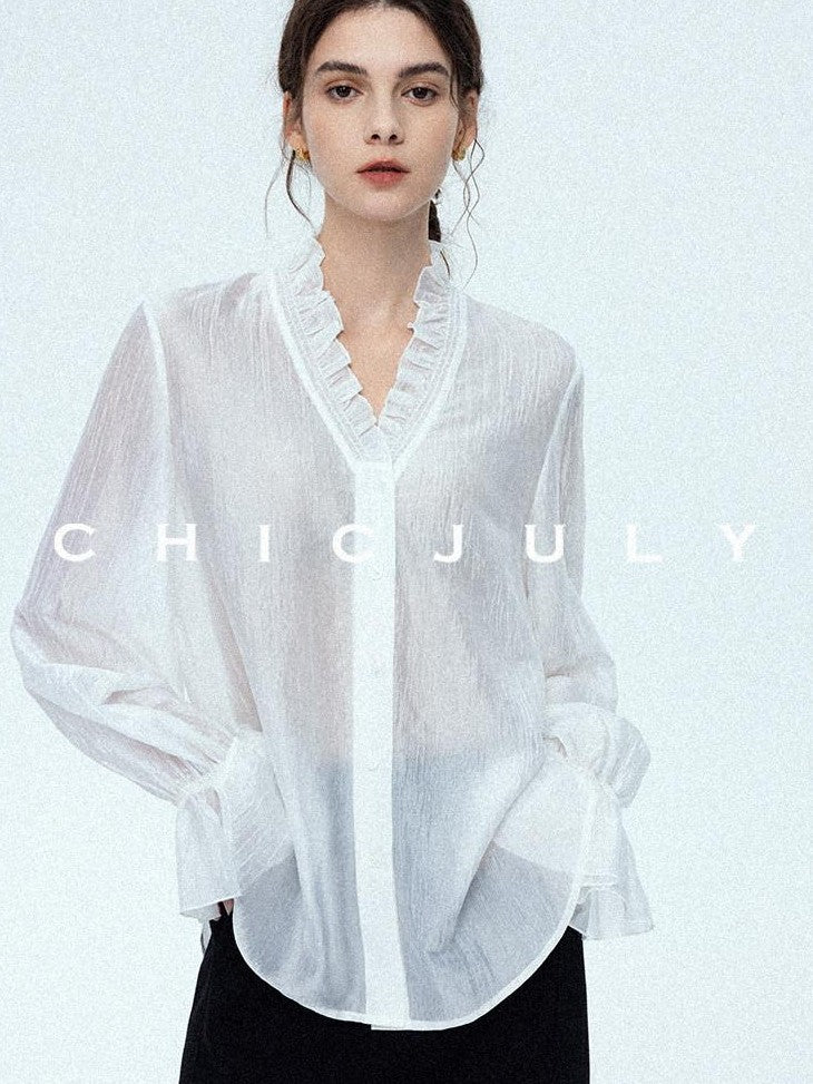 chicjuly Romantic Ruffle Trim French Sleeve Women's Breathable Solid Ivory Blouses
