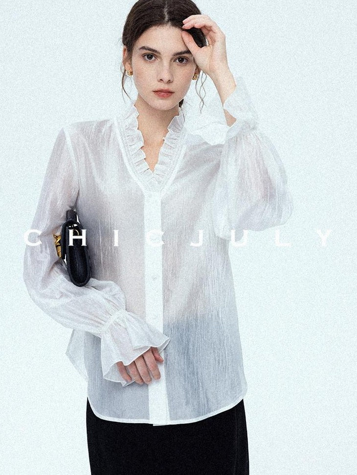 chicjuly Romantic Ruffle Trim French Sleeve Women's Breathable Solid Ivory Blouses