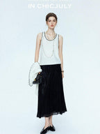 chicjuly Satin Sheen Irregular Pressed Pleated Women's Polyester Maxi Skirts