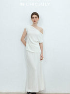 chicjuly Sculptural Pleated Asymmetrical Shoulder Women's Lyocell Top & Skirt Sets