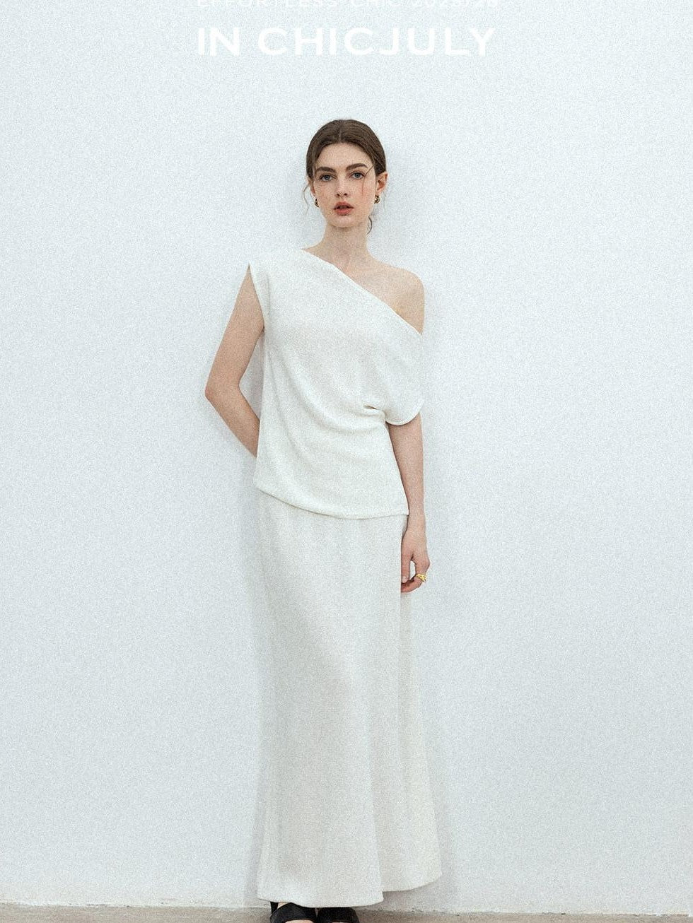 chicjuly Sculptural Pleated Asymmetrical Shoulder Women's Lyocell Top & Skirt Sets