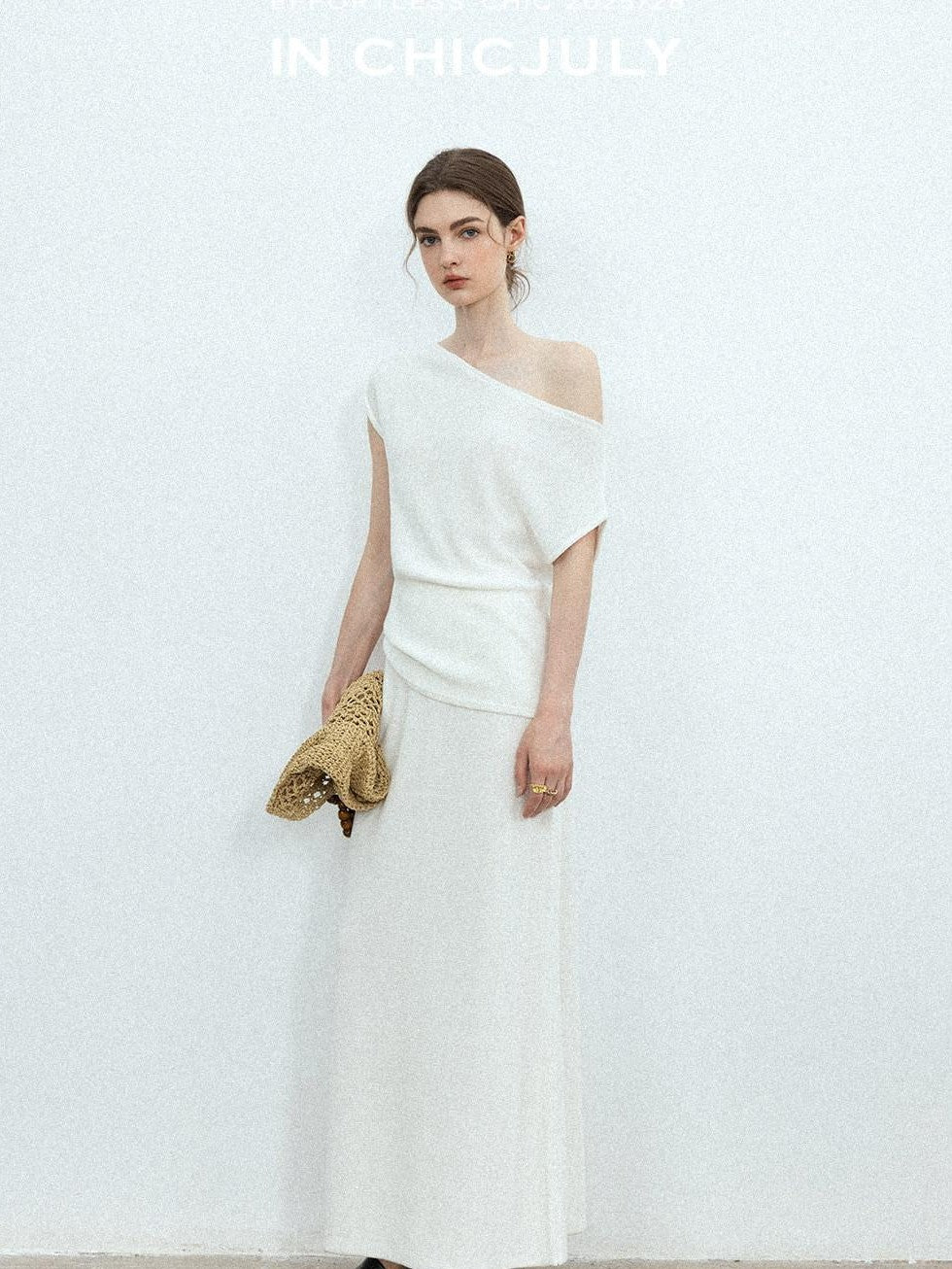 chicjuly Sculptural Pleated Asymmetrical Shoulder Women's Lyocell Top & Skirt Sets