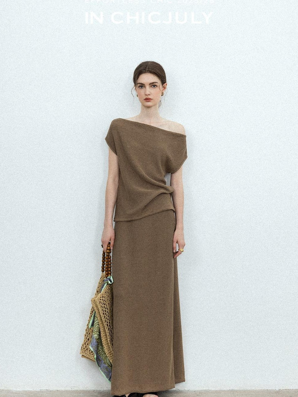 chicjuly Sculptural Pleated Asymmetrical Shoulder Women's Lyocell Top & Skirt Sets