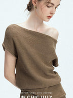 chicjuly Sculptural Pleated Asymmetrical Shoulder Women's Lyocell Top & Skirt Sets
