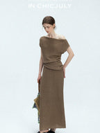 chicjuly Sculptural Pleated Asymmetrical Shoulder Women's Lyocell Top & Skirt Sets
