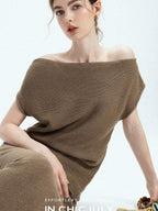 chicjuly Sculptural Pleated Asymmetrical Shoulder Women's Lyocell Top & Skirt Sets