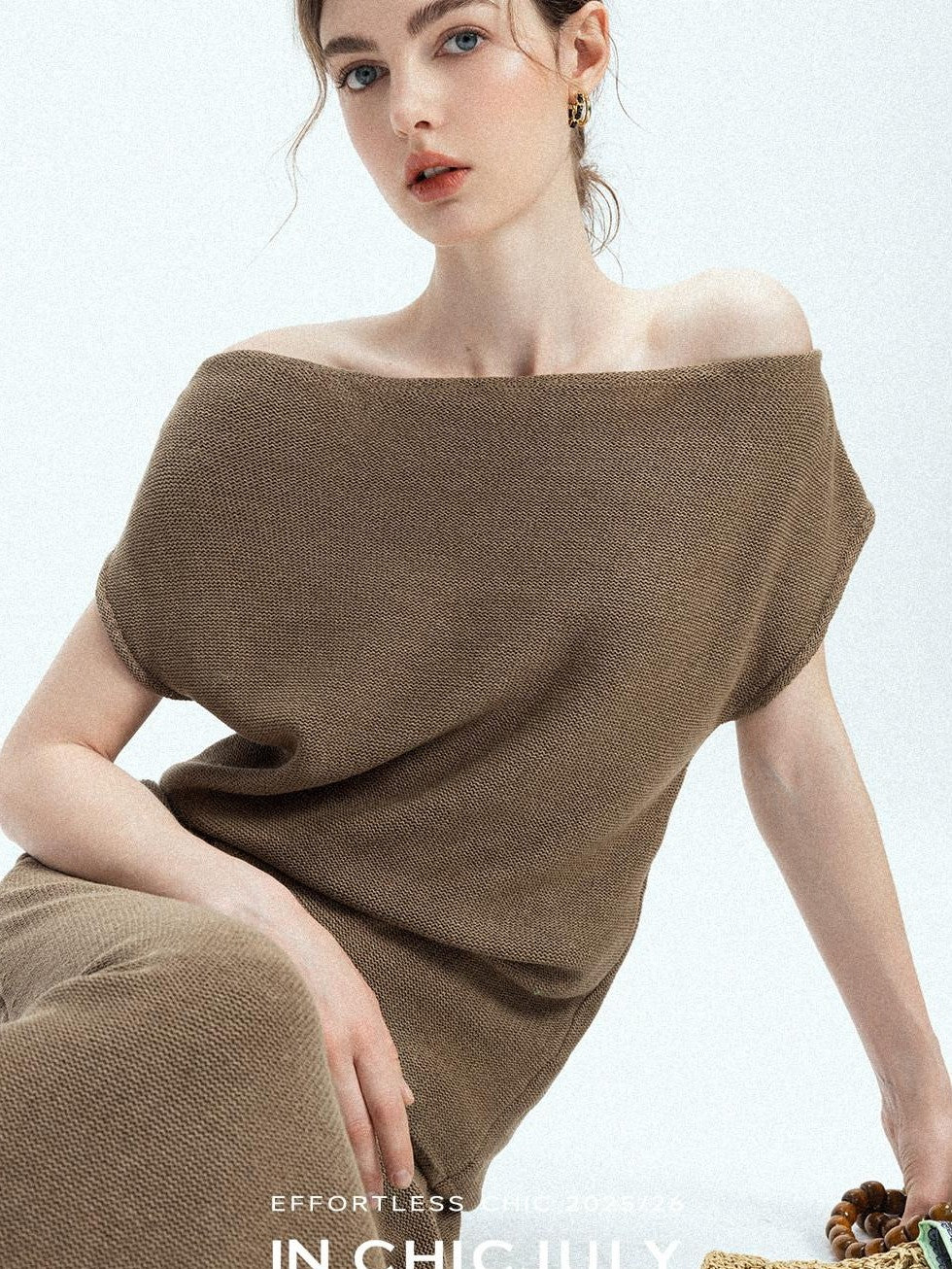 chicjuly Sculptural Pleated Asymmetrical Shoulder Women's Lyocell Top & Skirt Sets