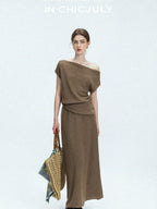 chicjuly Sculptural Pleated Asymmetrical Shoulder Women's Lyocell Top & Skirt Sets