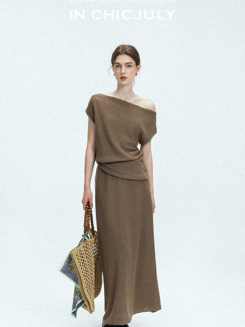 chicjuly Sculptural Pleated Asymmetrical Shoulder Women's Lyocell Top & Skirt Sets