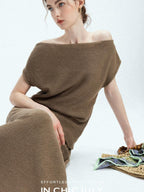 chicjuly Sculptural Pleated Asymmetrical Shoulder Women's Lyocell Top & Skirt Sets